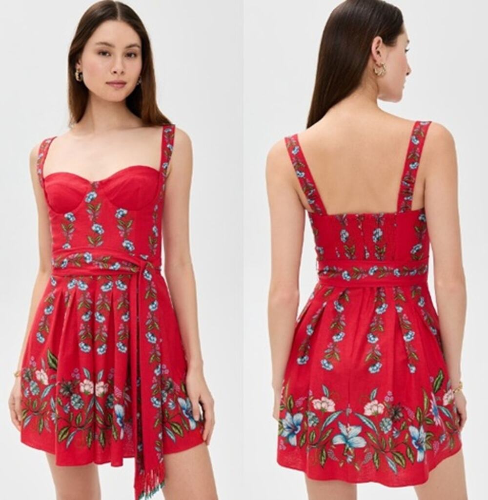 Farm Rio Sweet Bloom Bouquet Linen Blend Floral Mini Dress Red Womens Large Boho